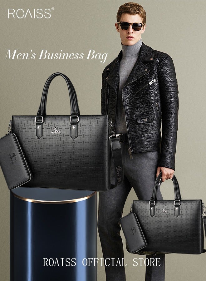 roaiss Classic PU Business Leather Briefcase with One Clutch 14 Inch Laptop Bag Large Capacity Messenger Soft Top Handle Tote with Long Shoulder Strap Men Travel Office Black - Image 1