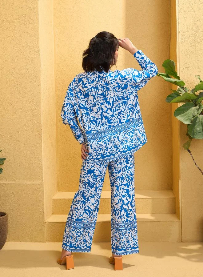 SASSAFRAS Sassafras Blue Poplin Floral Shirt and Pants Co-Ords