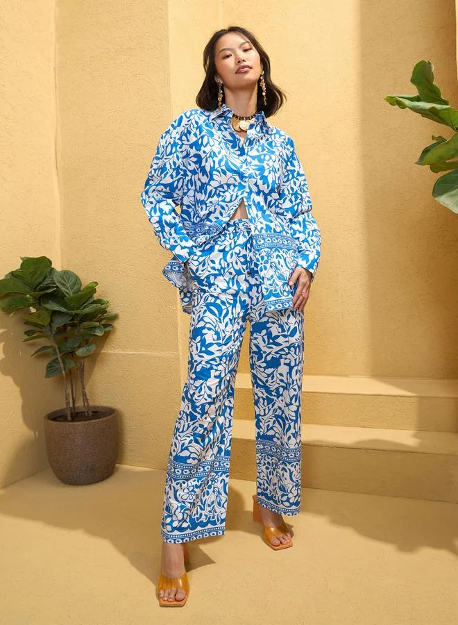 SASSAFRAS Sassafras Blue Poplin Floral Shirt and Pants Co-Ords