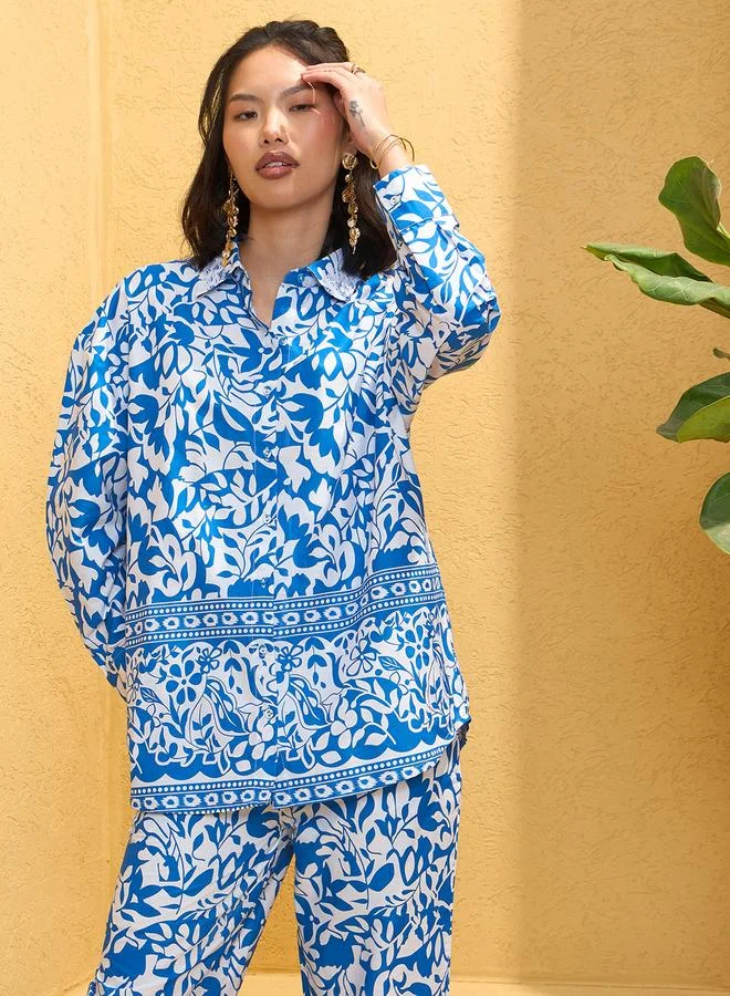 SASSAFRAS Sassafras Blue Poplin Floral Shirt and Pants Co-Ords