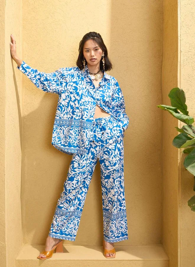SASSAFRAS Sassafras Blue Poplin Floral Shirt and Pants Co-Ords