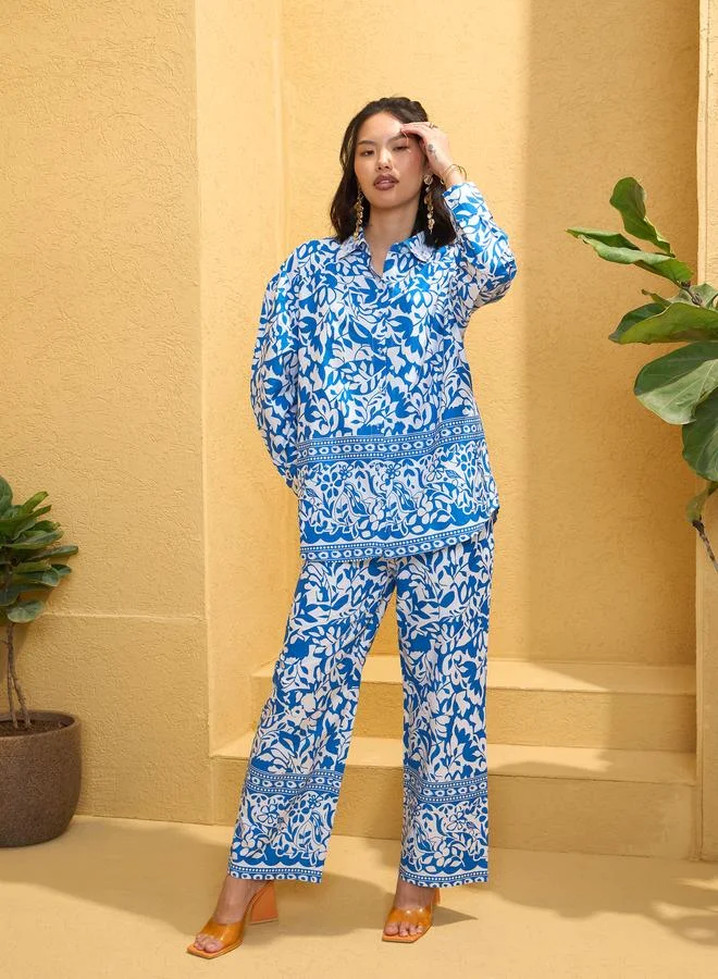 SASSAFRAS Sassafras Blue Poplin Floral Shirt and Pants Co-Ords