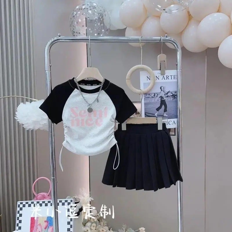 Childrens Clothing, Girls Fashion Suits, Summer Clothes, Medium and Large Kidsrens Short-Sleeved T-Shirt Tops, Pleated Skirts, Kidsrens Fashionable Two-Piece Sets for Women Black suit