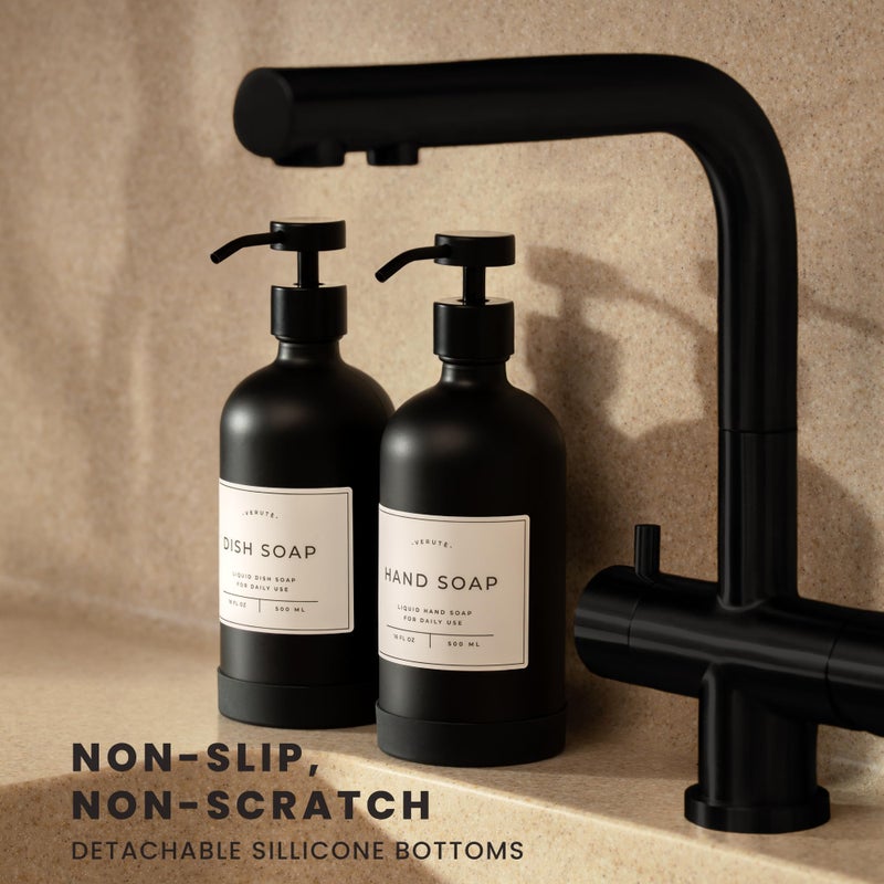 Verute 16oz Glass Soap Dispenser with Stainless Steel Pump, 21 Waterproof Labels, Non-Slip Protective Silicone Pad, Set of 2 for Bathroom & Kitchen (Matte Black Bottle/Black Pump) - Image 2