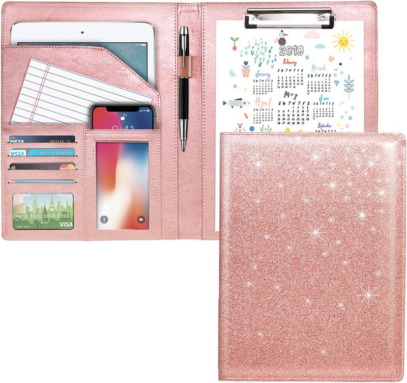 WAVEYU Padfolio/Resume Portfolio Folder Glitter Pink for Women, Cute Pink Padfolio Cover Folder, Conference/Legal Document Organizer with Letter/A4 Size Clipboard, Document Sleeve - Image 1
