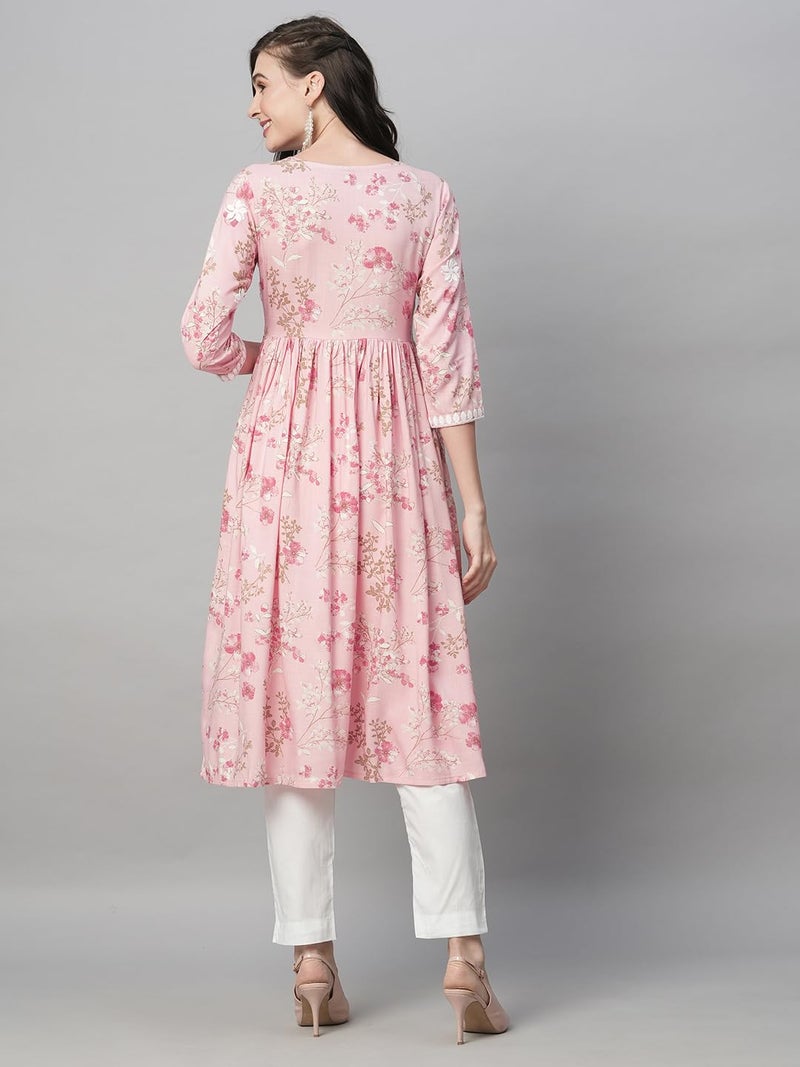 RATAN Women's Rayon Printed Regular Fit Anarkali Lucknowi Chikankari Ethnic Wear Kurta(Bla-Pink-L) - Image 3