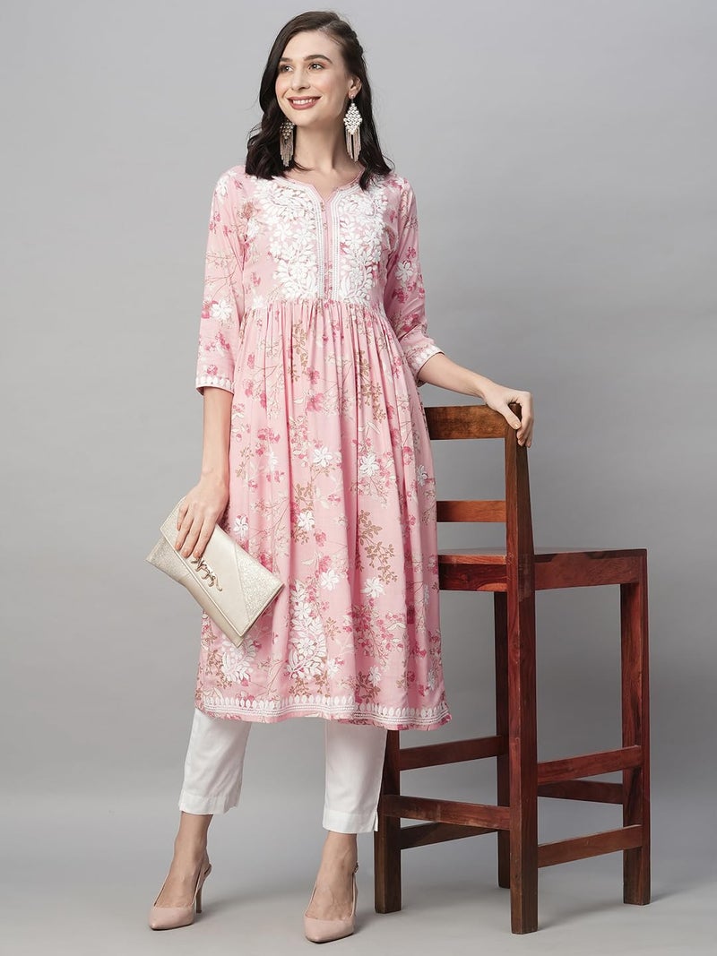 RATAN Women's Rayon Printed Regular Fit Anarkali Lucknowi Chikankari Ethnic Wear Kurta(Bla-Pink-L) - Image 4