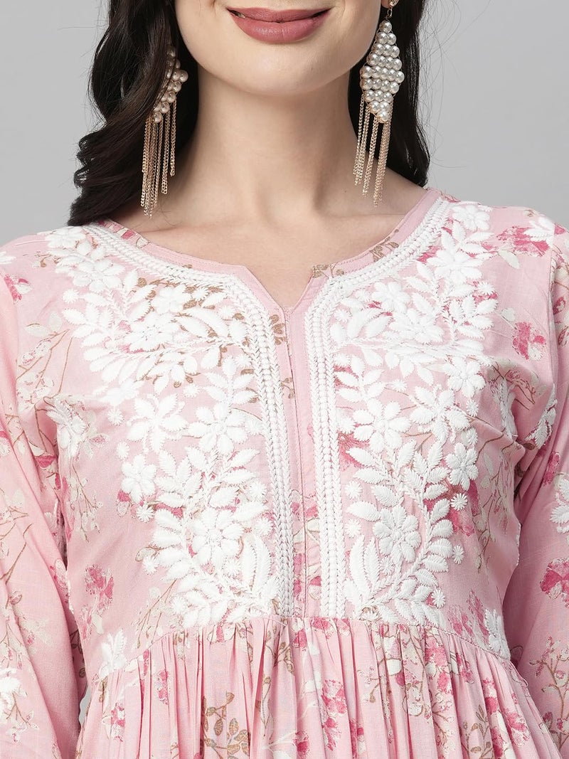 RATAN Women's Rayon Printed Regular Fit Anarkali Lucknowi Chikankari Ethnic Wear Kurta(Bla-Pink-L) - Image 2