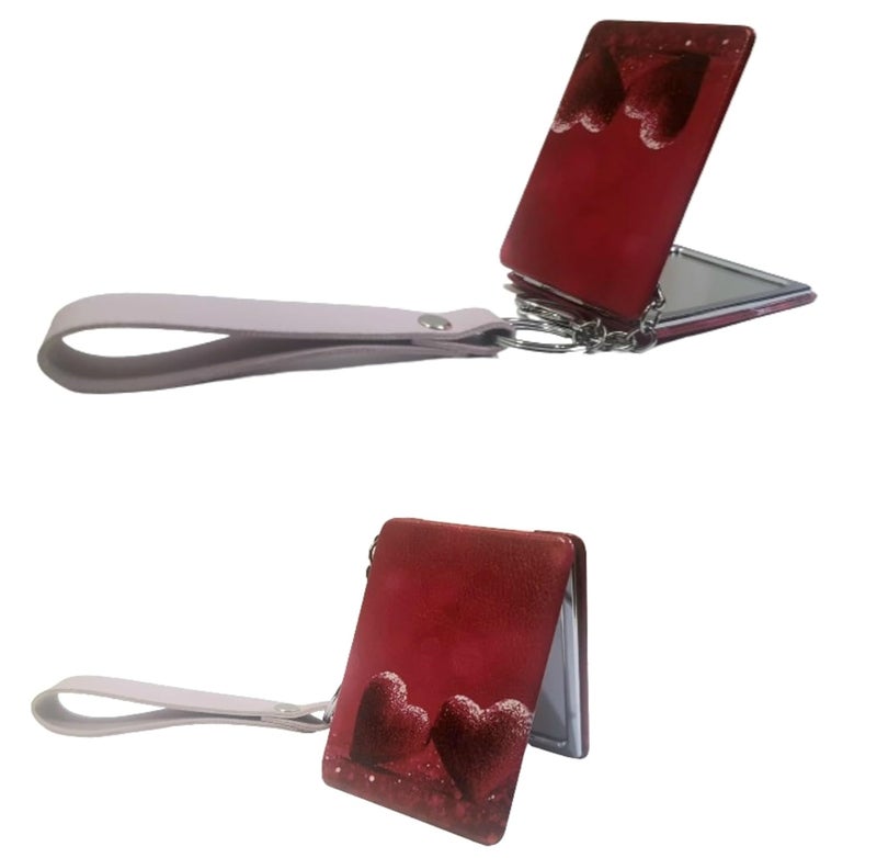 Pocket Compact Mirror Heart Deisgn with Keychain and 1x2 Magnifying for Makeup Handbags and Travel  - Image 2