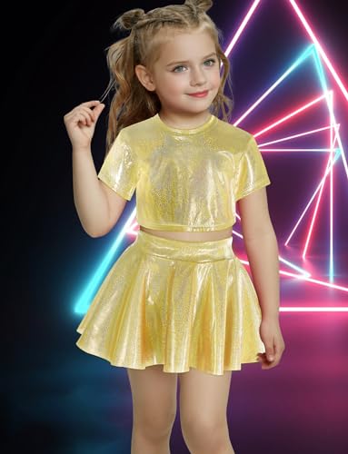 Happy Cherry Kids Girls Metallic Shiny Short Sleeve Crop Tank Top with Skirt Dance Outfit Gold 5-6 Years - Image 2