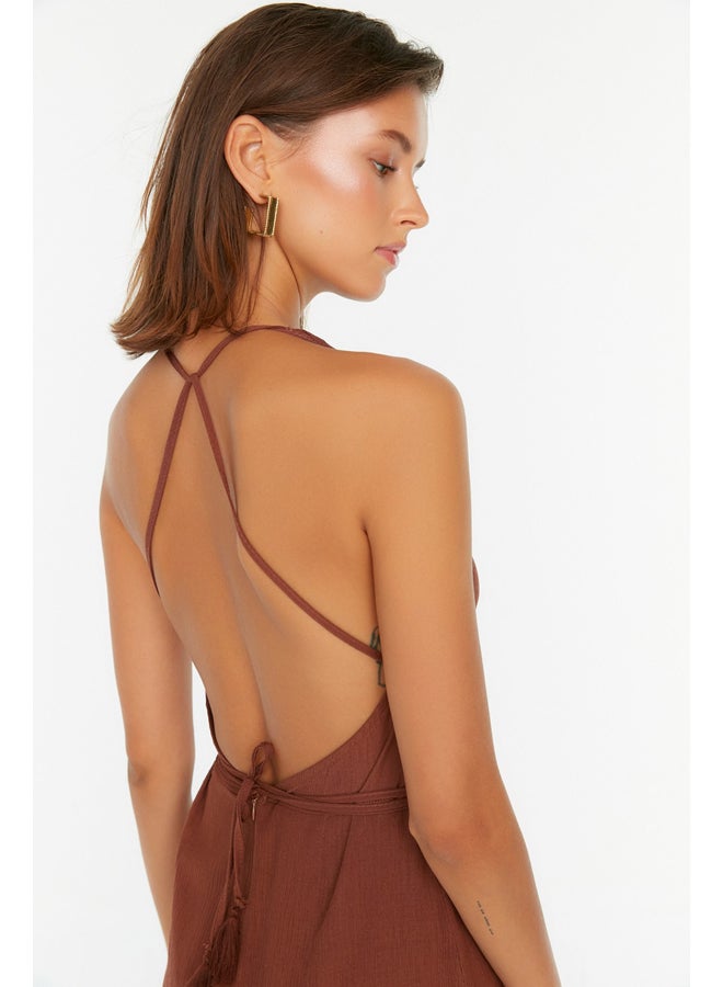 Dark Brown Midi Woven Back Low-cut Beach Dress TBESS22EL0727