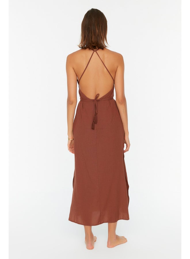 Dark Brown Midi Woven Back Low-cut Beach Dress TBESS22EL0727