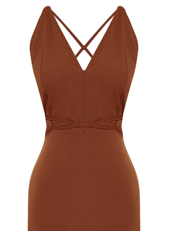 Dark Brown Midi Woven Back Low-cut Beach Dress TBESS22EL0727