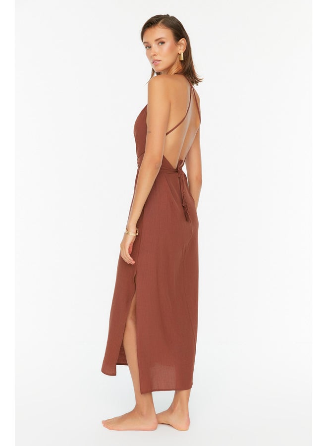 Dark Brown Midi Woven Back Low-cut Beach Dress TBESS22EL0727