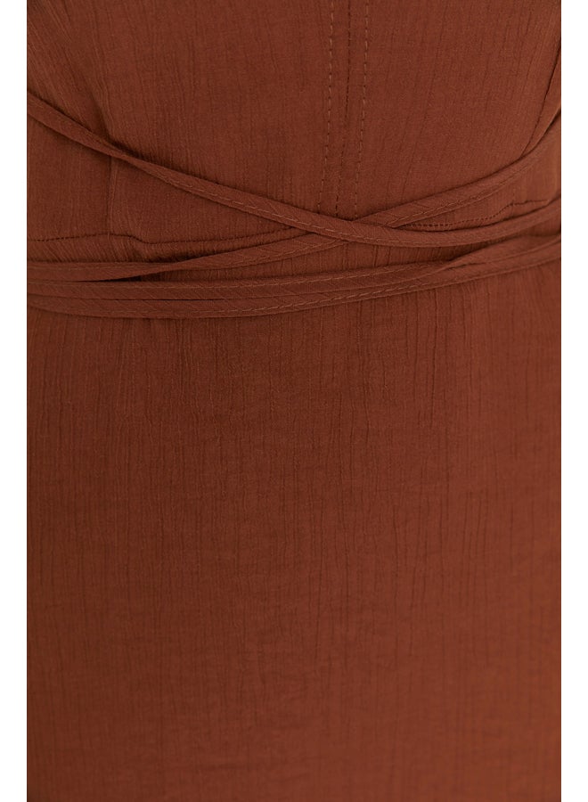 Dark Brown Midi Woven Back Low-cut Beach Dress TBESS22EL0727