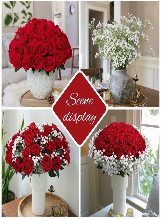 HyeFlora 35 PCS Artificial Red Roses with 15 PCS Fake Baby Breath Realistic Fake Flowers Bouquet with Long Stem for DIY Wedding Party Home Decoration Vase Tables Centerpieces Arrangements Gift for Her - Image 3