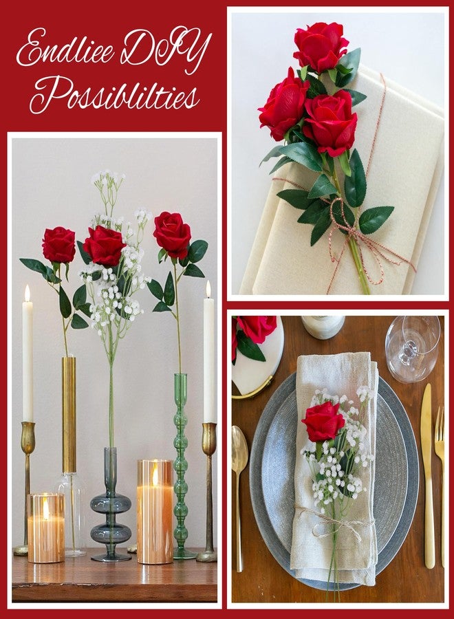 HyeFlora 35 PCS Artificial Red Roses with 15 PCS Fake Baby Breath Realistic Fake Flowers Bouquet with Long Stem for DIY Wedding Party Home Decoration Vase Tables Centerpieces Arrangements Gift for Her - Image 4
