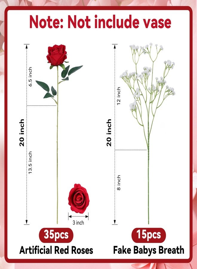 HyeFlora 35 PCS Artificial Red Roses with 15 PCS Fake Baby Breath Realistic Fake Flowers Bouquet with Long Stem for DIY Wedding Party Home Decoration Vase Tables Centerpieces Arrangements Gift for Her - Image 5