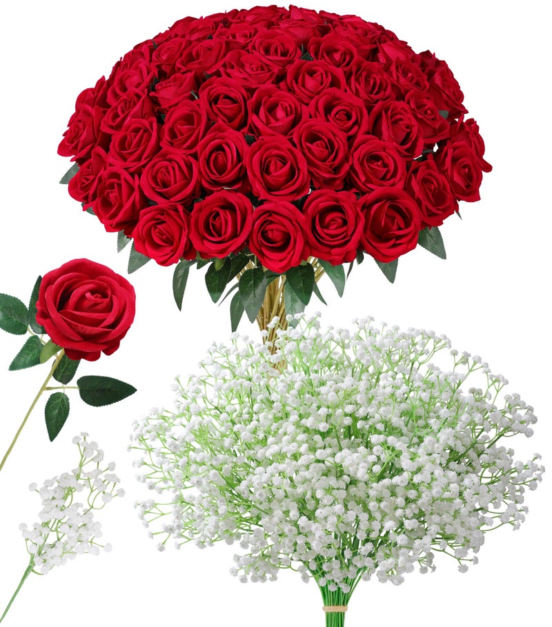 HyeFlora 35 PCS Artificial Red Roses with 15 PCS Fake Baby Breath Realistic Fake Flowers Bouquet with Long Stem for DIY Wedding Party Home Decoration Vase Tables Centerpieces Arrangements Gift for Her - Image 1
