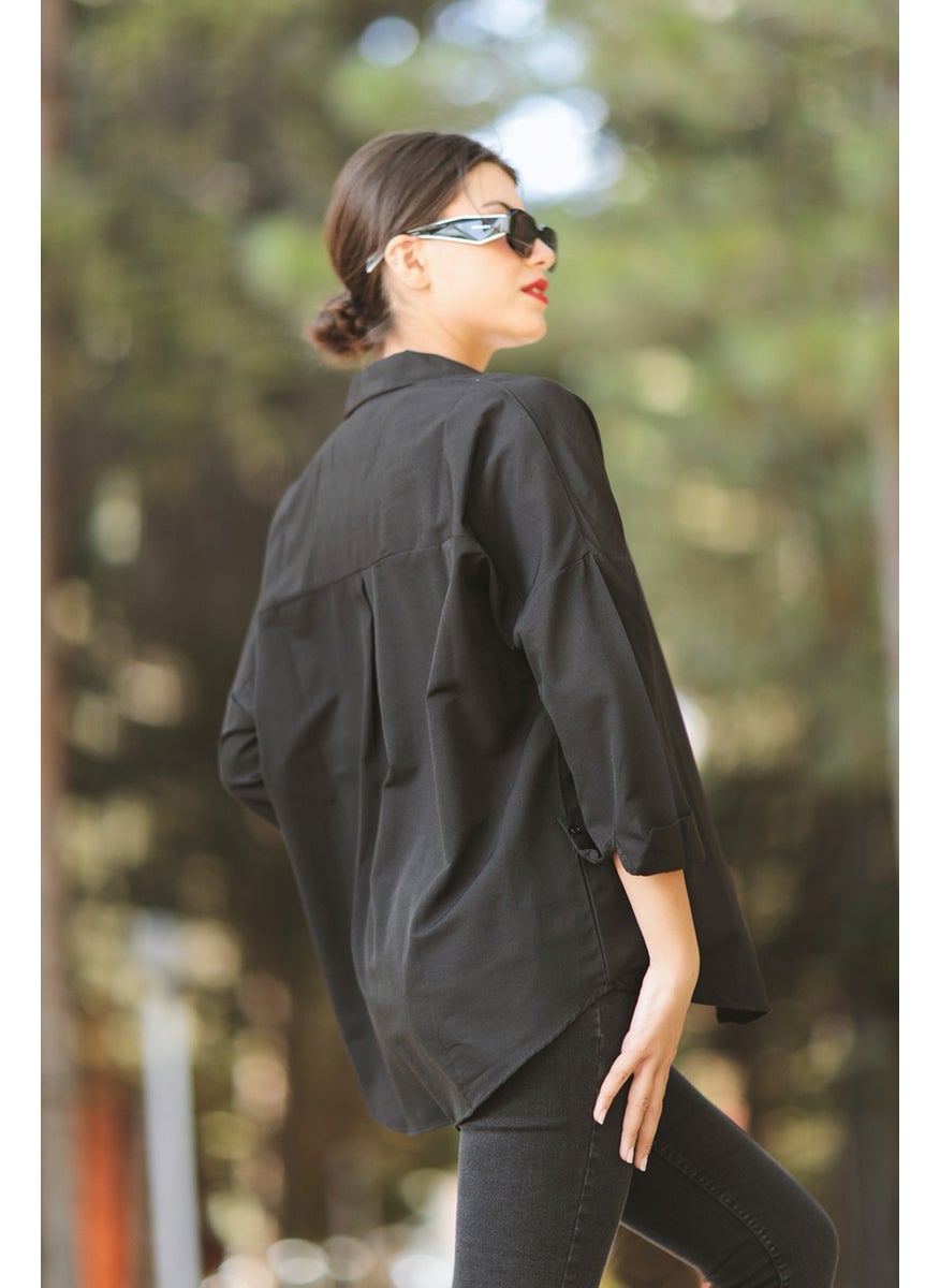 Giysa Black Women's Long Sleeve Oversize Basic Shirt 95% Cotton - 3900  - Image 4
