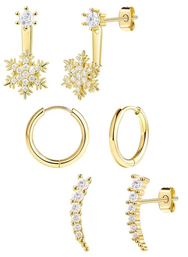 Poxtex Gold Earrings Set for Women, Trendy Hoop Stud Jacket Earring Stack, Daintys Snowflake Jewelry Gifts, Small, Brass, Cubic Zirconia - Image 1
