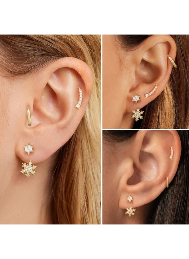 Poxtex Gold Earrings Set for Women, Trendy Hoop Stud Jacket Earring Stack, Daintys Snowflake Jewelry Gifts, Small, Brass, Cubic Zirconia - Image 3