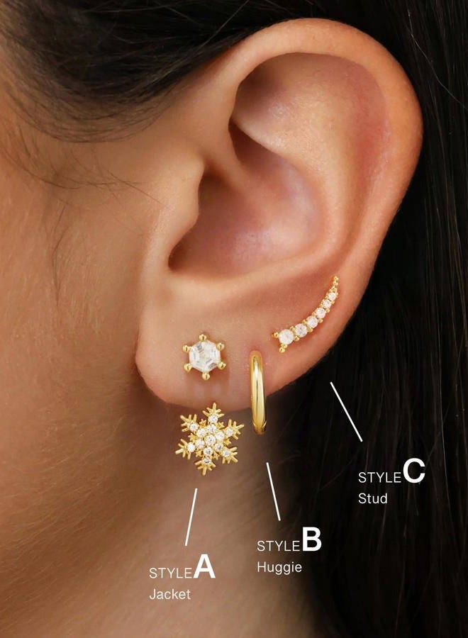 Poxtex Gold Earrings Set for Women, Trendy Hoop Stud Jacket Earring Stack, Daintys Snowflake Jewelry Gifts, Small, Brass, Cubic Zirconia - Image 5