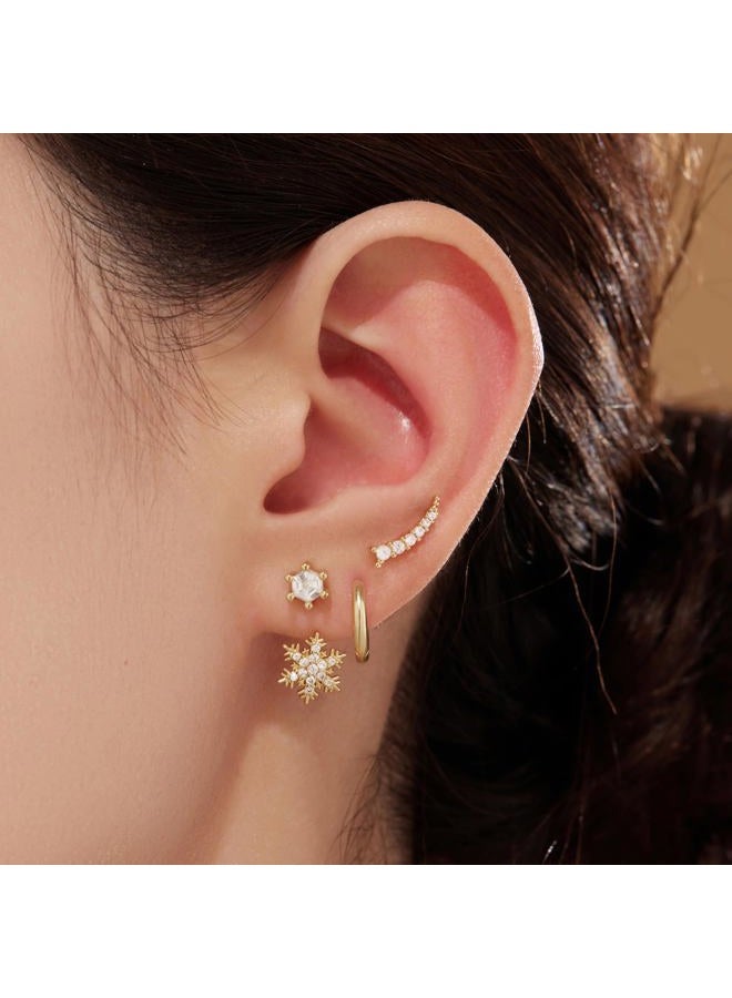 Poxtex Gold Earrings Set for Women, Trendy Hoop Stud Jacket Earring Stack, Daintys Snowflake Jewelry Gifts, Small, Brass, Cubic Zirconia - Image 2