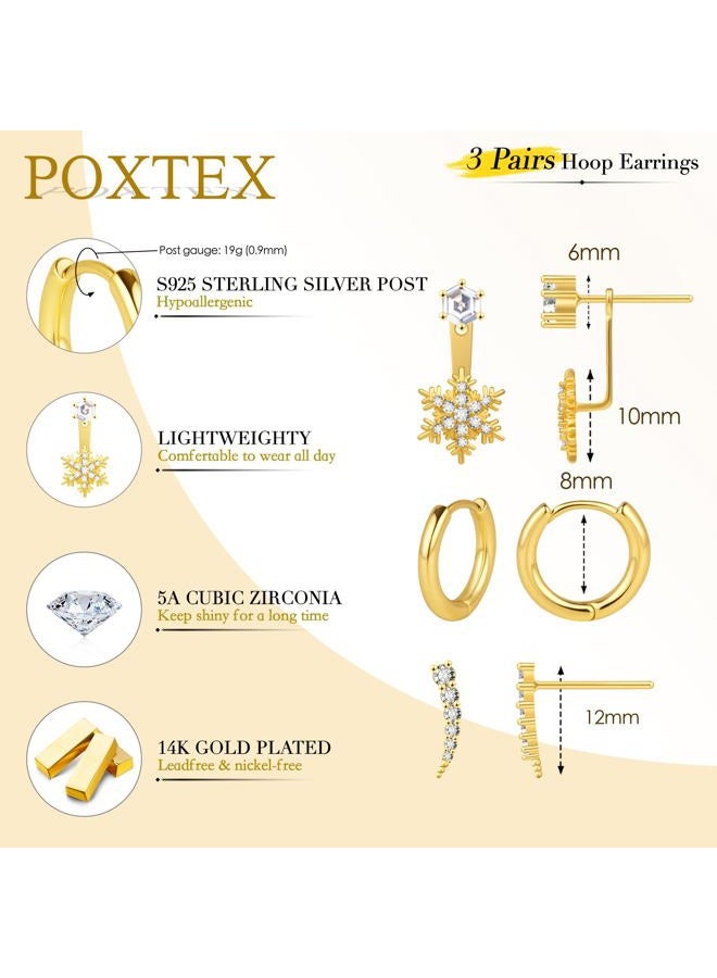Poxtex Gold Earrings Set for Women, Trendy Hoop Stud Jacket Earring Stack, Daintys Snowflake Jewelry Gifts, Small, Brass, Cubic Zirconia - Image 4