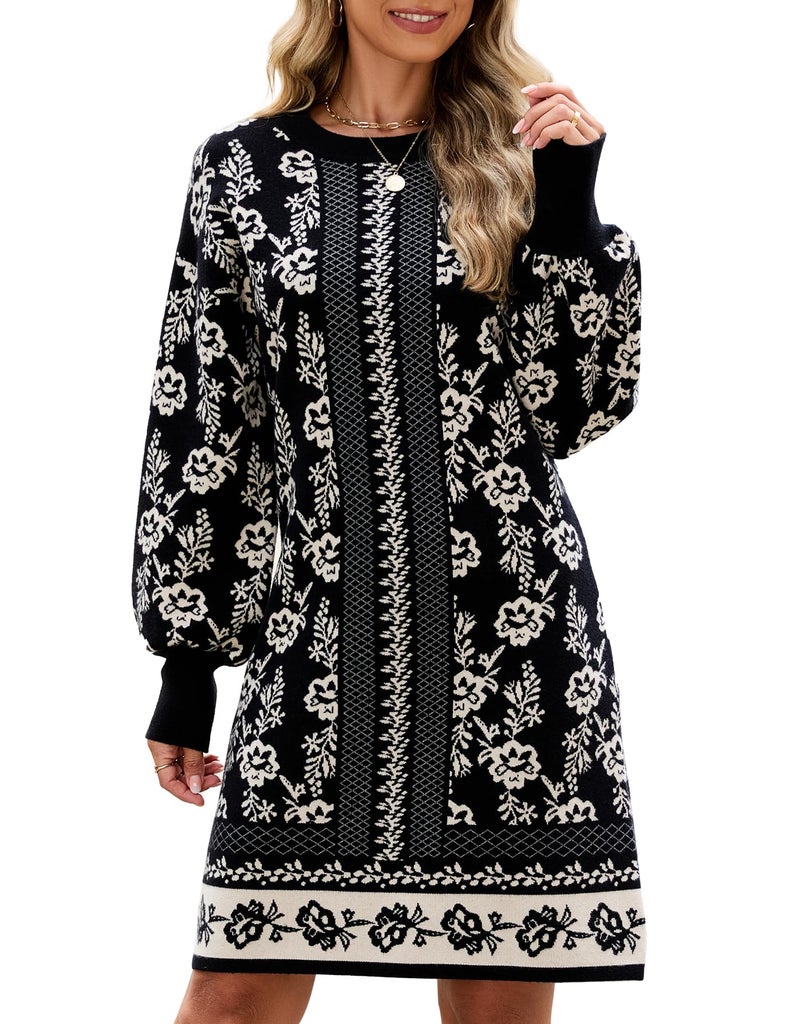 Kedera Womens Floral Knit Sweater Dress Pullover Crewneck Long Sleeve Flower Printed Spring Trendy Dresses Outfit Black - Image 1