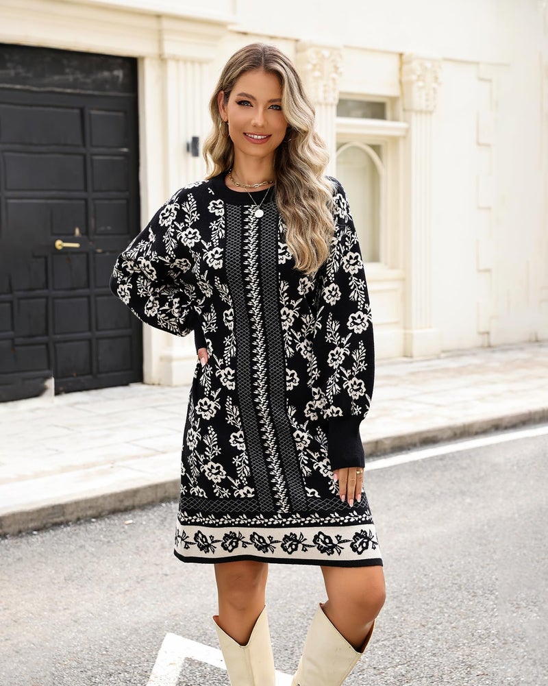Kedera Womens Floral Knit Sweater Dress Pullover Crewneck Long Sleeve Flower Printed Spring Trendy Dresses Outfit Black - Image 2
