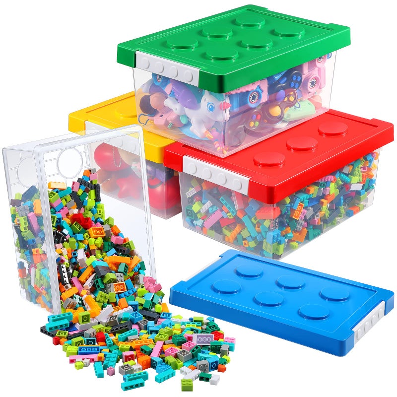 Vicenpal 4 Pack Toy Storage Containers with Lids Brick Shaped Kids Toy Organizer Box Plastic Clear Stackable Bin Chest for Building Block DollsLargeRed Yellow Blue Green