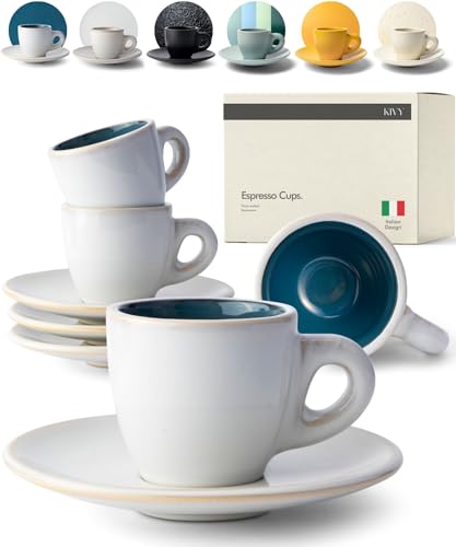 KIVY 3 oz Espresso cups set of 4 - Thick walled stoneware espresso cup set - Italian style espresso cups and saucers - Expresso shots cup - Small coffee mugs and saucers - Blue - Image 1