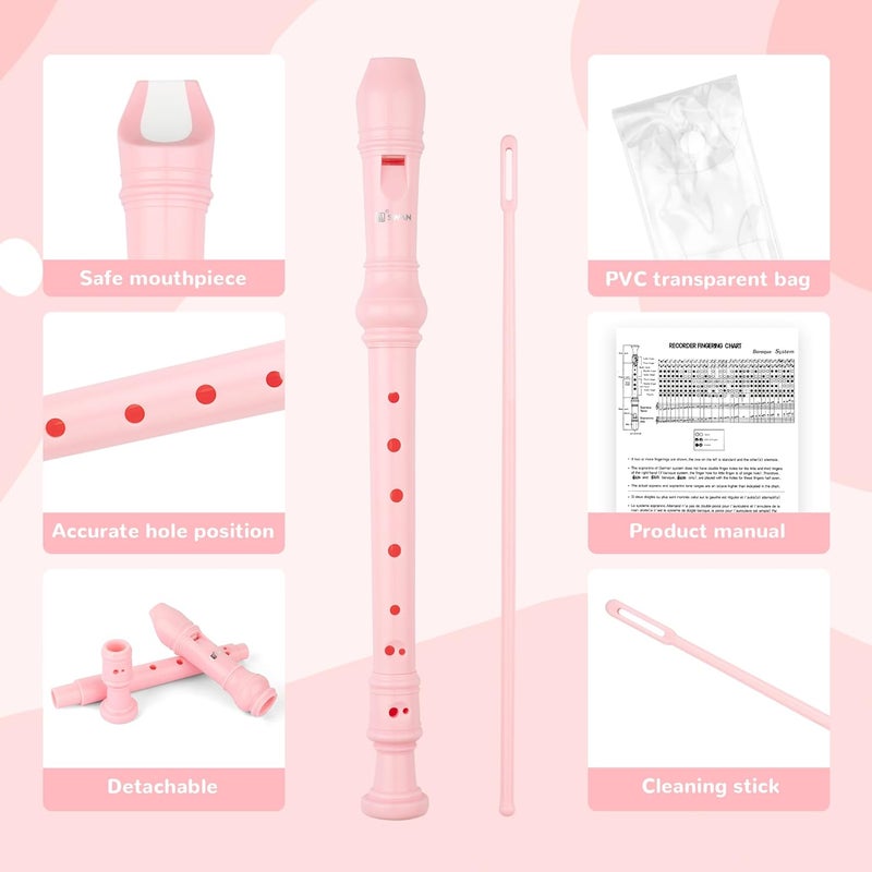 SWAN Soprano Recorder Instrument for Beginners - German 8 Hole Flute Detachable 3pcs ABS Descant Recorders with Cleaning Rod and Chart, SW8K, Baby Pink - Image 1