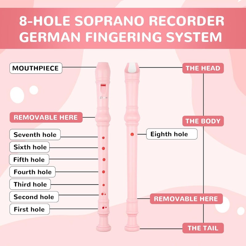 SWAN Soprano Recorder Instrument for Beginners - German 8 Hole Flute Detachable 3pcs ABS Descant Recorders with Cleaning Rod and Chart, SW8K, Baby Pink - Image 3