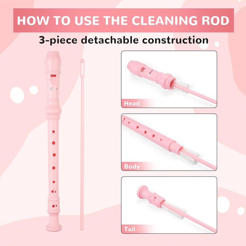 SWAN Soprano Recorder Instrument for Beginners - German 8 Hole Flute Detachable 3pcs ABS Descant Recorders with Cleaning Rod and Chart, SW8K, Baby Pink - Image 4