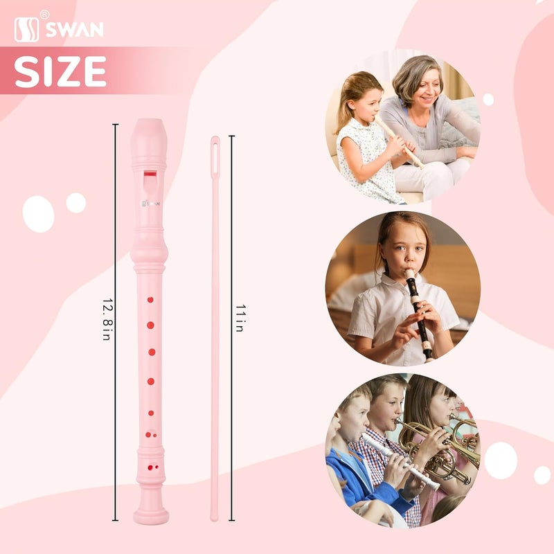 SWAN Soprano Recorder Instrument for Beginners - German 8 Hole Flute Detachable 3pcs ABS Descant Recorders with Cleaning Rod and Chart, SW8K, Baby Pink - Image 2