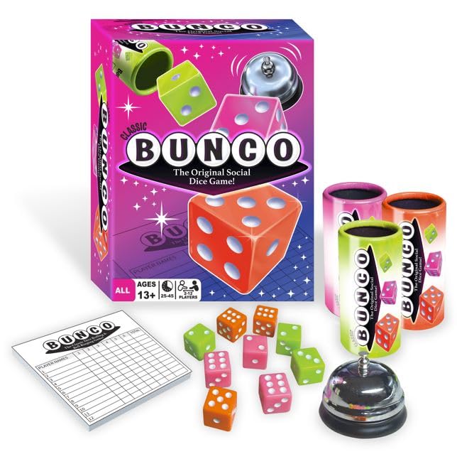 Continuum Games Retro Bunco Game Kit Party Box for Ladies Night 212 Players 3 Sets of Bunco Dice Bell and Score Pad for Game Night - Image 1