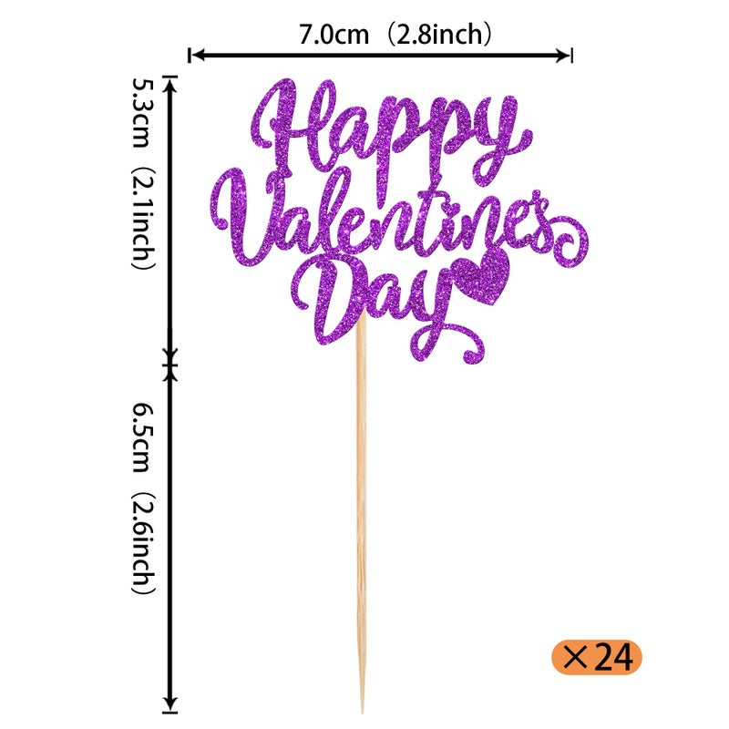 Rsstarxi 24 Pack Happy Valentine's Day Cupcake Toppers Glitter Love Sweet Heart Theme Valentine's Day Cupcake Picks Decoration for Happy Valentine's Day Birthday Party Cake Decorations Supplies Purple - Image 2