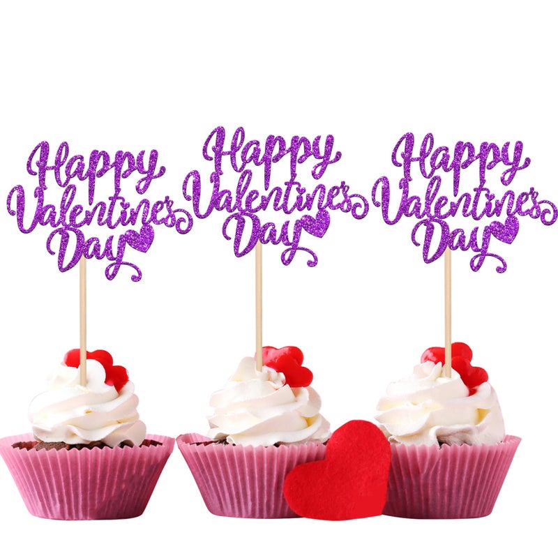 Rsstarxi 24 Pack Happy Valentine's Day Cupcake Toppers Glitter Love Sweet Heart Theme Valentine's Day Cupcake Picks Decoration for Happy Valentine's Day Birthday Party Cake Decorations Supplies Purple - Image 1