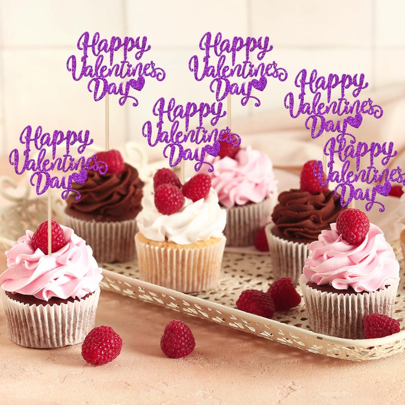 Rsstarxi 24 Pack Happy Valentine's Day Cupcake Toppers Glitter Love Sweet Heart Theme Valentine's Day Cupcake Picks Decoration for Happy Valentine's Day Birthday Party Cake Decorations Supplies Purple - Image 3
