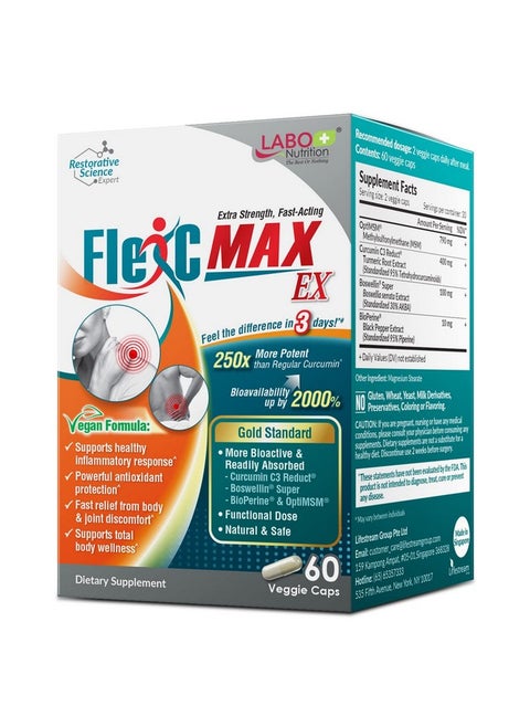 Flexc Max Ex With Turmeric Curcumin C3 Reduct 95% Tetrahydrocurcuminoids Bioperine Boswellia Extract & Optimsm Effective Antioxidation Joint & Body Discomfort Relief
