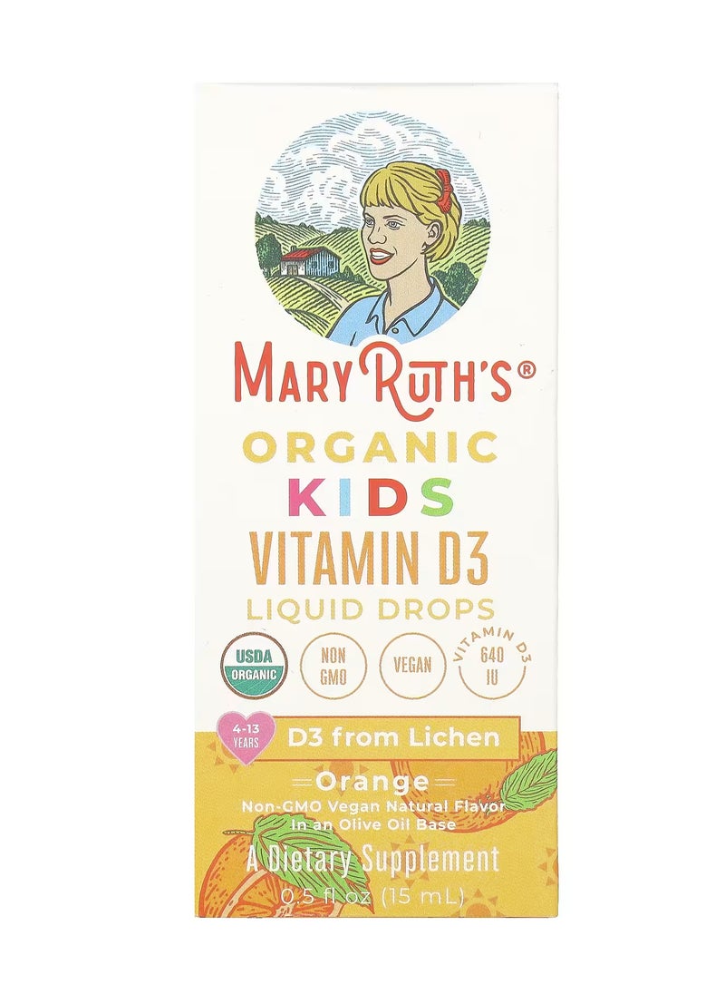 MaryRuth's قطرات فيتامين د 3 السائلة العضوية للأطفال ، 4-13 سنة ، برتقال ، 640 وحدة ، 0.5 أونصة سائلة (15 مل)