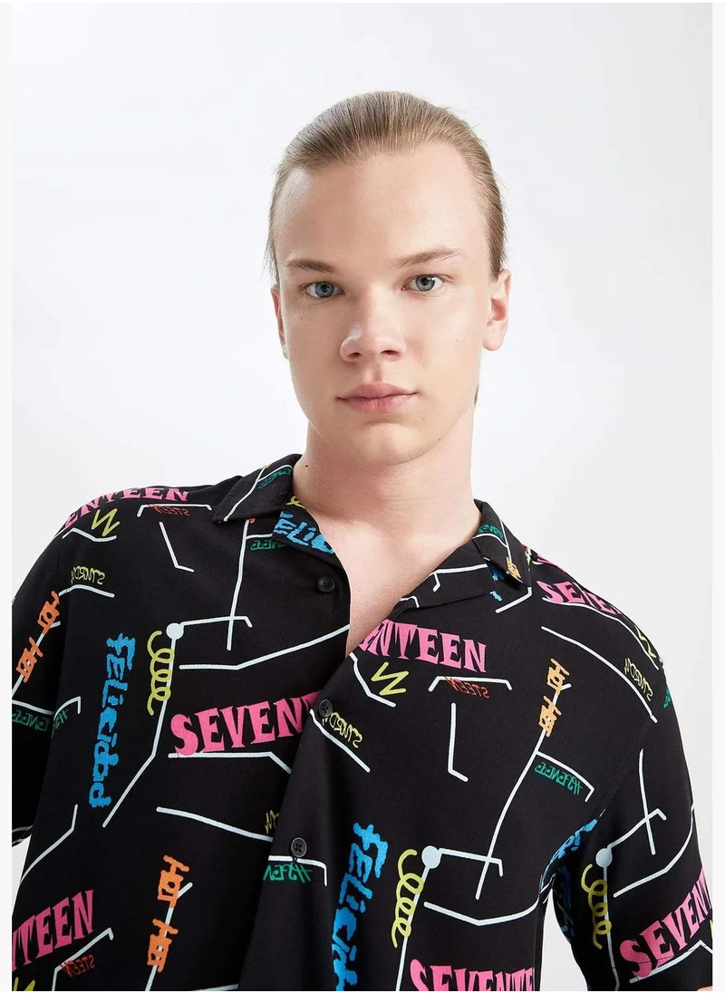 DeFacto Regular Fit Short Sleeve Text Print Viscose Shirt