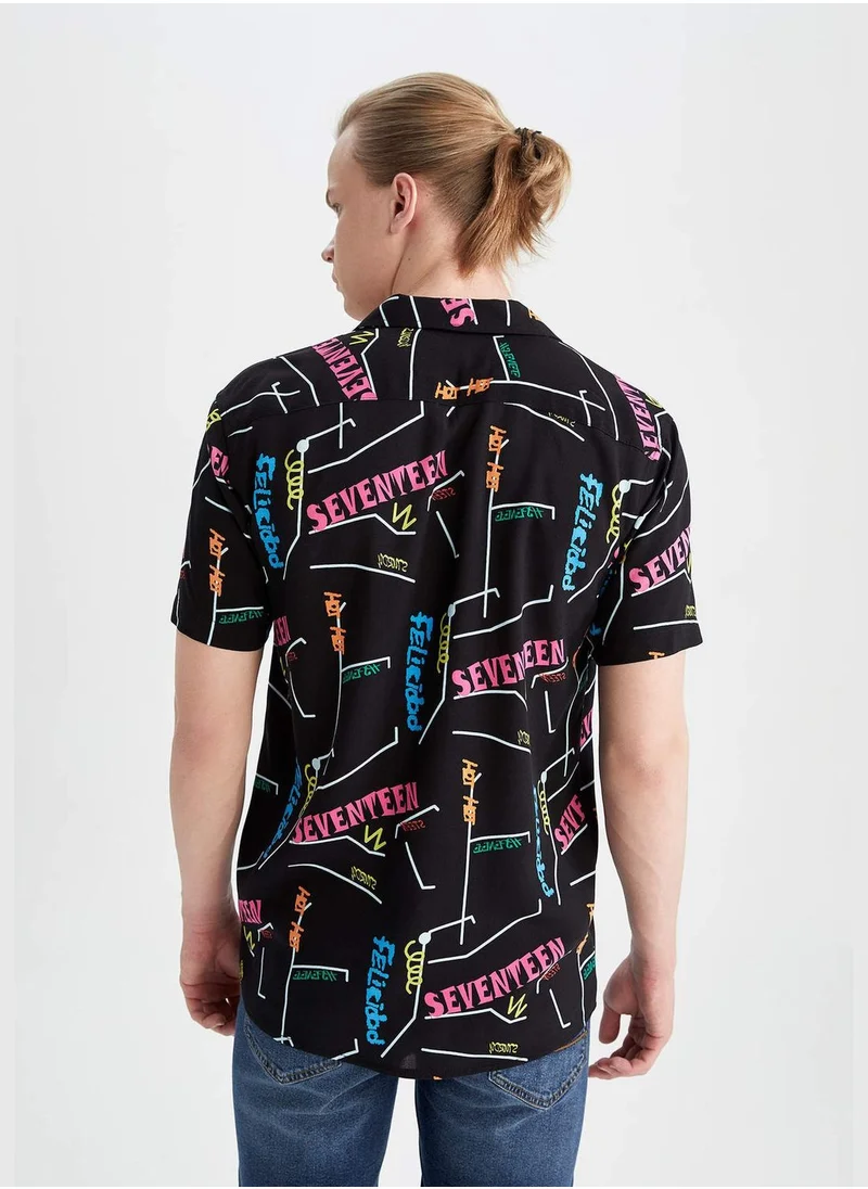 DeFacto Regular Fit Short Sleeve Text Print Viscose Shirt