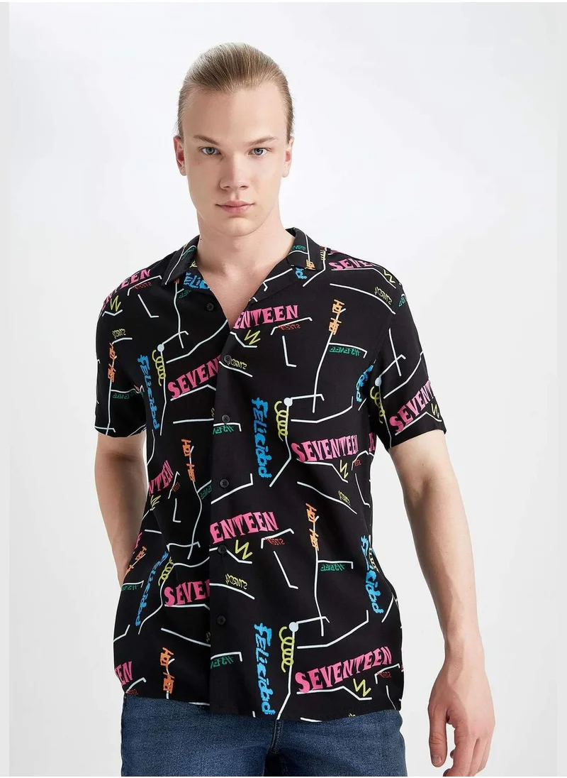 DeFacto Regular Fit Short Sleeve Text Print Viscose Shirt