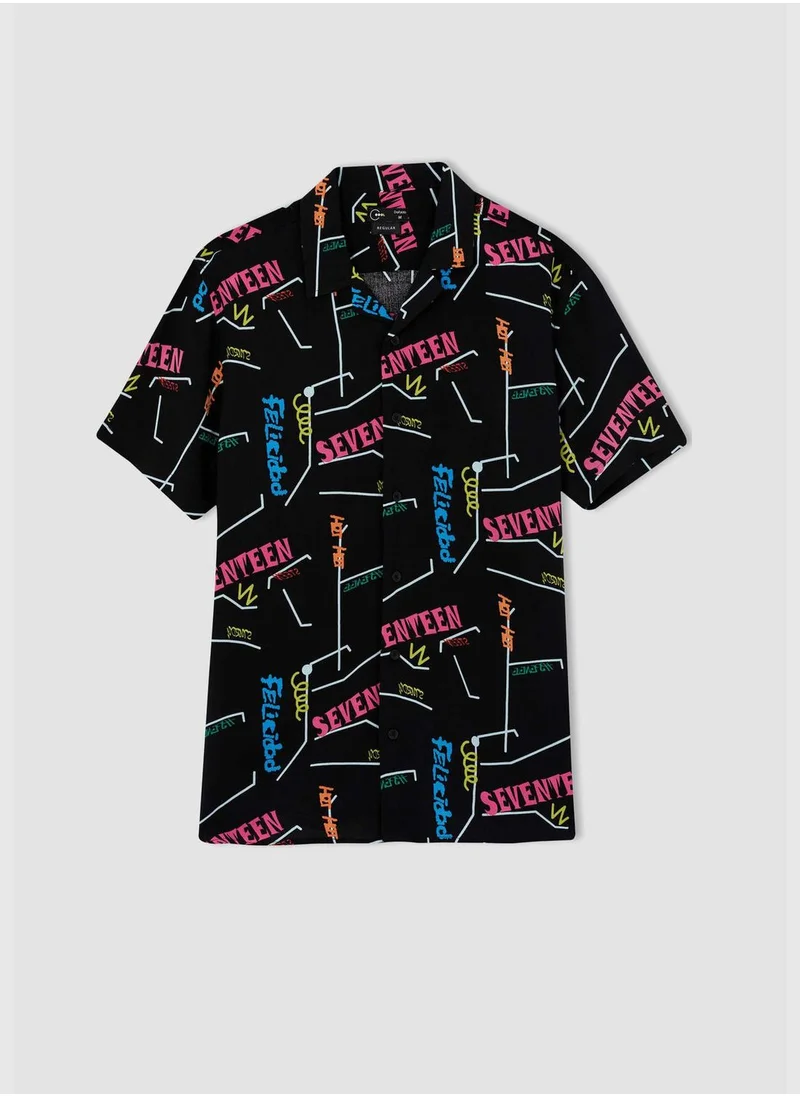 DeFacto Regular Fit Short Sleeve Text Print Viscose Shirt