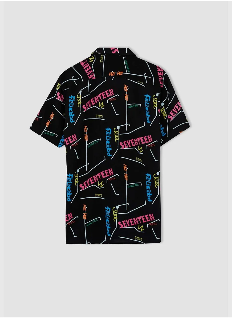 DeFacto Regular Fit Short Sleeve Text Print Viscose Shirt