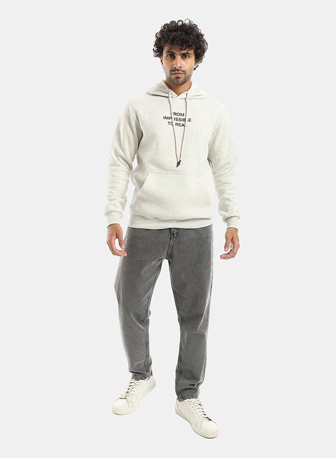 Andora Printed Hooded With Drawstringd Light Grey Sweatshirt-Light Grey - Image 5