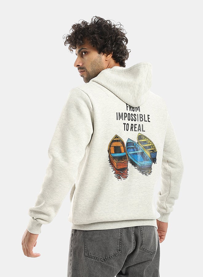 Andora Printed Hooded With Drawstringd Light Grey Sweatshirt-Light Grey - Image 3